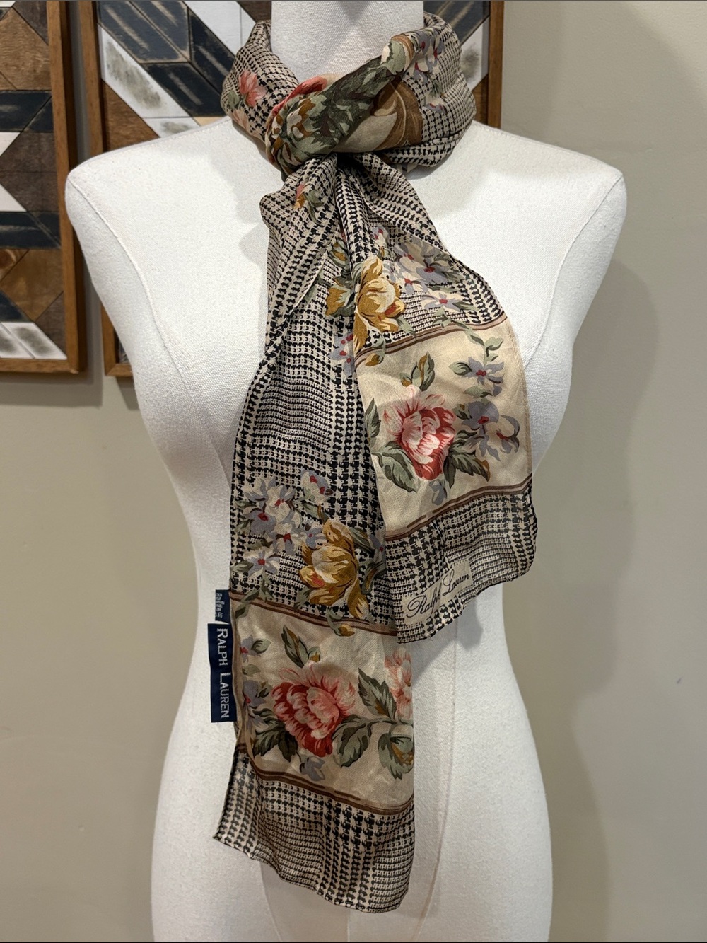 Vintage Ralph Lauren Houndstooth Glen Plaid Floral Long Silk Scarf Shawl - Picture 2 of 13